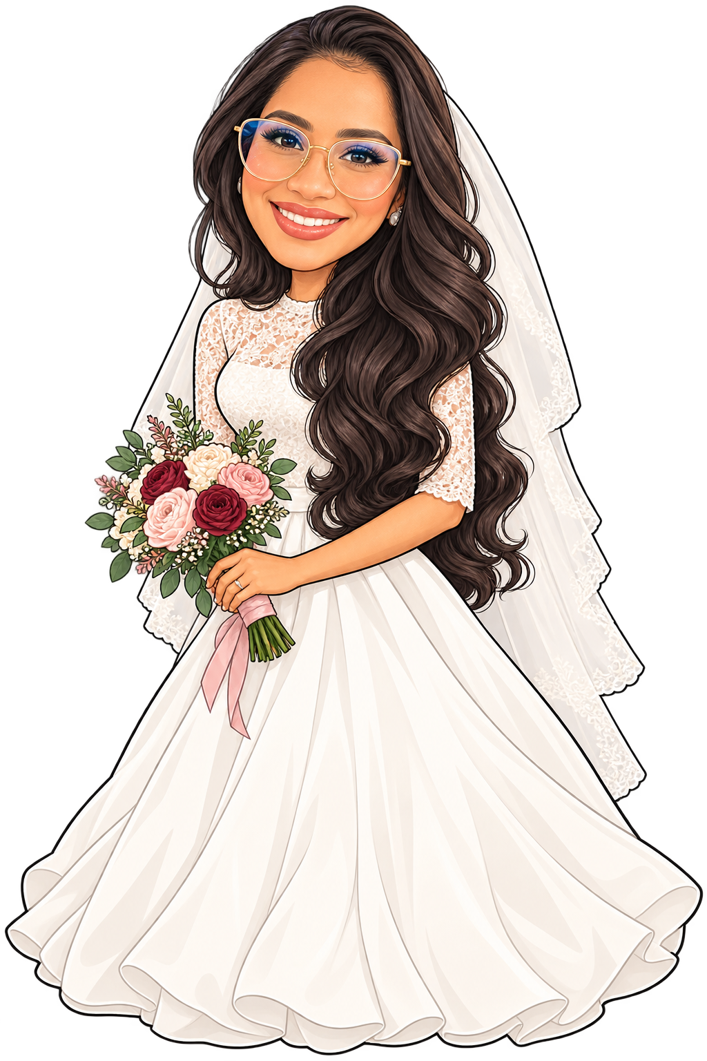 Caricatura da Pamela vestida de noiva, com óculos, cabelo longo e buquê